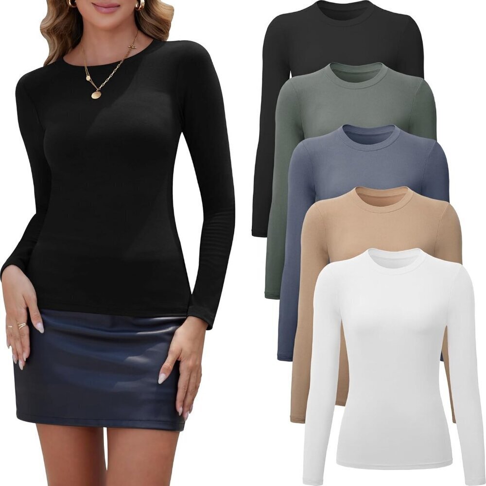 Long Sleeve Tops Women 5 Pack Rayon Spandex Crew Neck Fitted Casual